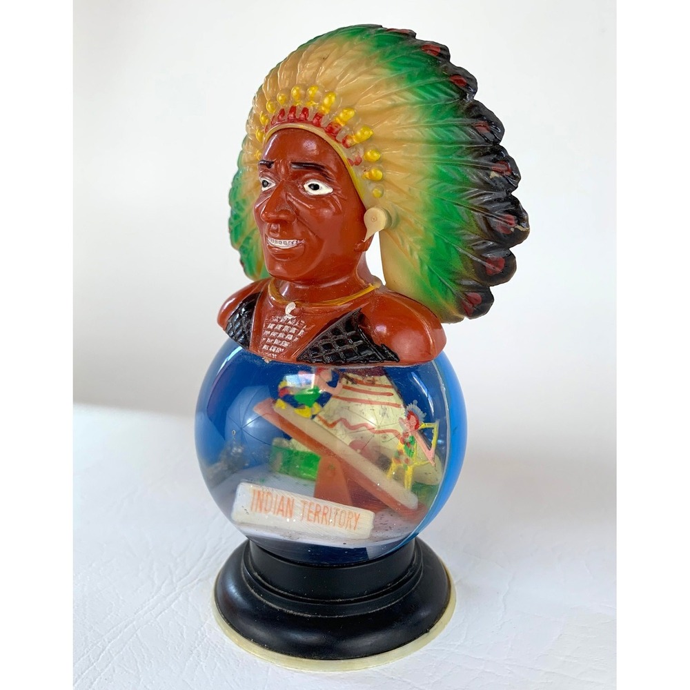 Vintage Native American Indian Territory Snow Globe Dome Souvenir Chief See Saw - Picture 2 of 7